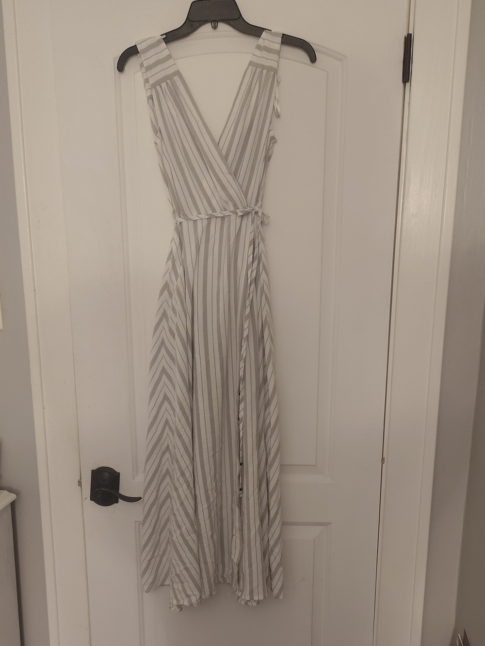 Striped V-Neck Maxi Dress in Light Gray and White
